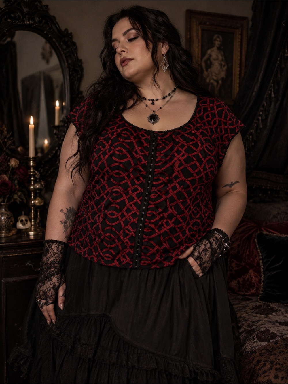 Avenue Romantic Goth Red Black Mesh Overlay Corset Style Blouse Size 3X